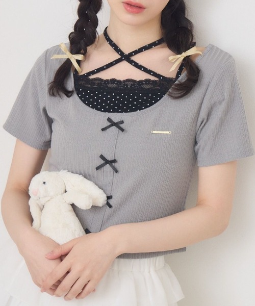 ems excite（エムズエキサイト）の「前リボンキャミドッキングCT（Tシャツ/カットソー・レディース・ピンク/ダークグレー/ブラック/ブラウン・FREE）」の2枚目の写真