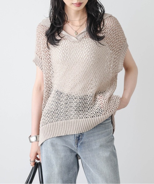La-gemme(ラジェム)の「スキッパーデザイン透かし編みニットトップス(その他トップス・レディース・ライトグレー/ベージュ/ブラック・フリー)」の3枚目の写真