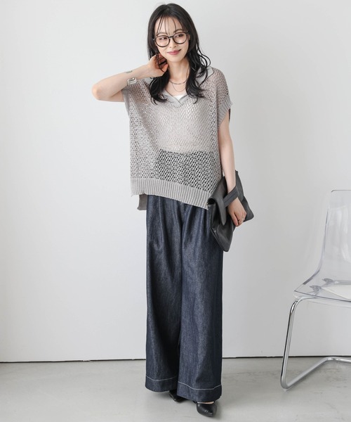 La-gemme(ラジェム)の「スキッパーデザイン透かし編みニットトップス(その他トップス・レディース・ライトグレー/ベージュ/ブラック・フリー)」の7枚目の写真