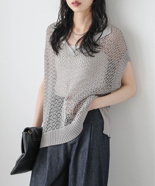 La-gemme(ラジェム)の「スキッパーデザイン透かし編みニットトップス(その他トップス・レディース・ライトグレー/ベージュ/ブラック・フリー)」の9枚目の写真