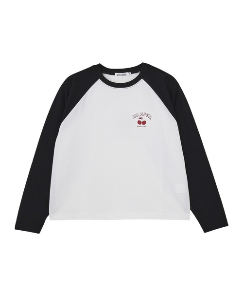 MILKFED.(ミルクフェド)の「ROUND LOGO GLITTER CHERRY B/B TEE(Tシャツ/カットソー・レディース・ホワイト/チャコール/オートミール・L/M)」の1枚目の写真