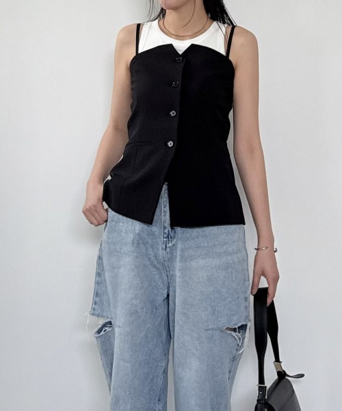 7days Life Styling（セブンデイズライフスタイリング）の「【みさとさんコラボ】フロントボタンビスチェ＋センタープレスタックワイドパンツ＜大きいサイズ有＞（スーツセット・レディース・グレー/ブラック・T3L/L/3L/LL/M/TLL/TM/TL）」の12枚目の写真