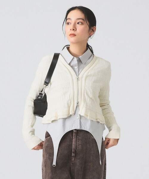 シャーリング ジップ Vネック カーディガン [手洗い可]（カーディガン