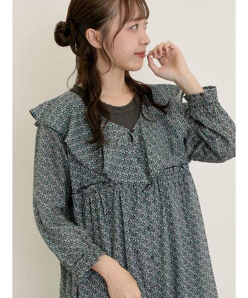 Samansa Mos2（サマンサ モスモス）の「【S/Mサイズ】柄アソート襟フリル2WAYワンピース（ワンピース・レディース・ベージュ/ネイビー/キナリ/グリーン・M/S）」の6枚目の写真