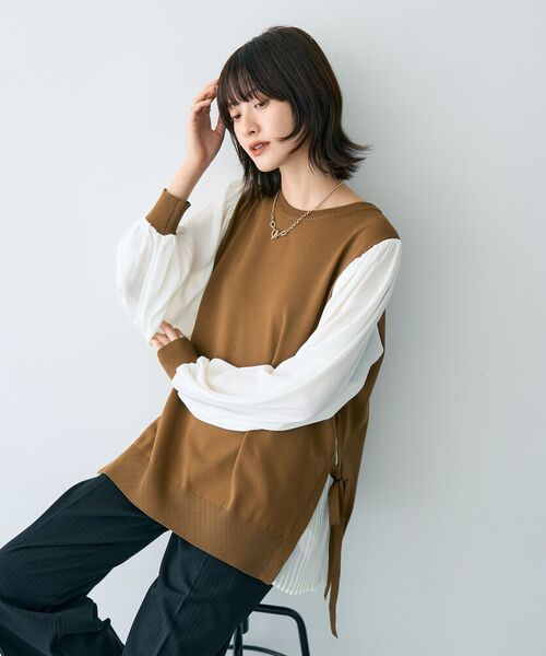 YECCA VECCA(イェッカヴェッカ)の「サイドプリーツ異素材MIXプルオーバー(ニット/セーター・レディース・アイボリー/キャメル/ブラック・FREE)」の3枚目の写真
