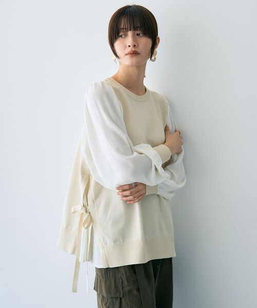 YECCA VECCA(イェッカヴェッカ)の「サイドプリーツ異素材MIXプルオーバー(ニット/セーター・レディース・アイボリー/キャメル/ブラック・FREE)」の1枚目の写真