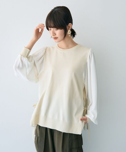 YECCA VECCA(イェッカヴェッカ)の「サイドプリーツ異素材MIXプルオーバー(ニット/セーター・レディース・アイボリー/キャメル/ブラック・FREE)」の4枚目の写真