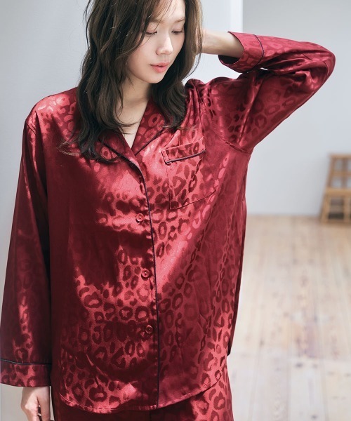 ヒョウサテン パジャマ 長袖 上下セット / 前あきパジャマ シャツ