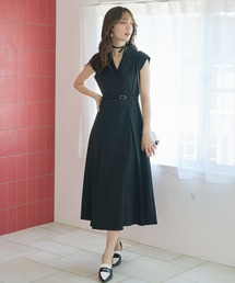 【今期新作】白襟バイカラーデザインベルテッドワンピース ネイビー swingle スウィングル SWINGLE 白襟バイカラーデザインベルテッド