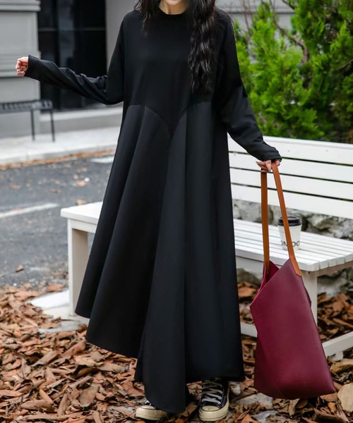 セール】異素材 ドッキング アシンメトリー ワンピース ロング丈 長袖