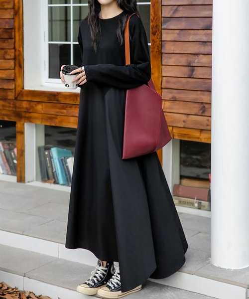 セール】異素材 ドッキング アシンメトリー ワンピース ロング丈 長袖