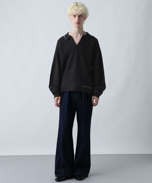 HARE（ハレ）の「ハイショクステッチニットポロ(HARE)（ニット/セーター・メンズ・ブルー/ブラック/アイボリー/ブラウン・FREE）」の5枚目の写真