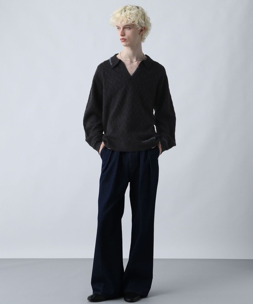 HARE（ハレ）の「ハイショクステッチニットポロ(HARE)（ニット/セーター・メンズ・ブルー/ブラック/アイボリー/ブラウン・FREE）」の6枚目の写真