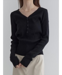 amel | 【RE ARRIVAL】スカラップVネックデザインニット/ブラック(ニット/セーター)