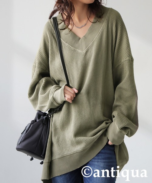 antiqua（アンティカ）の「ピグメント加工 鬼ワッフル Vネックプル