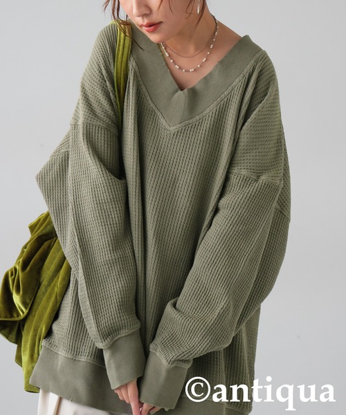 antiqua（アンティカ）の「ピグメント加工 鬼ワッフル Vネックプル