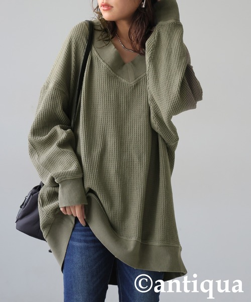 antiqua（アンティカ）の「ピグメント加工 鬼ワッフル Vネックプルオーバー（Tシャツ/カットソー・レディース・ブラック/パープル/スミクロ/グレイッシュベージュ・ONESIZE）」の22枚目の写真
