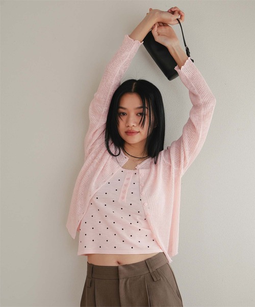 miette(ミエット)の「シアーカーディガンドットキャミセット(カーディガン/ボレロ・レディース・チャコール/オフホワイト/ライトブルー/ライトピンク・L/M/S)」の1枚目の写真