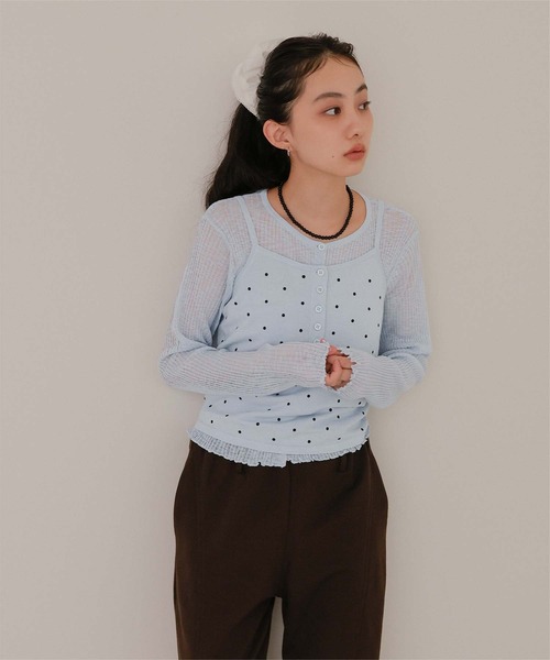 miette(ミエット)の「シアーカーディガンドットキャミセット(カーディガン/ボレロ・レディース・チャコール/オフホワイト/ライトブルー/ライトピンク・L/M/S)」の5枚目の写真