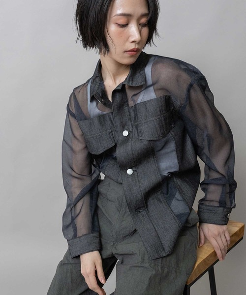 Munich（ミューニック）の「デニム×シアーデニムドッキングシャツ（シャツ/ブラウス・レディース・ブラック/ネイビー・FREE）」の2枚目の写真