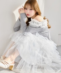 one after another NICE CLAUP（ワンアフターアナザーナイスクラップ）の「【今すぐお届け可能！】チュールフリルオフショルニット（ニット/セーター）」