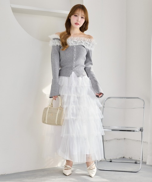 one after another NICE CLAUP（ワンアフターアナザーナイスクラップ）の「【今すぐお届け可能！】チュールフリルオフショルニット（ニット/セーター・レディース・アイボリー/ピンク/ネイビー/杢グレー・FREE）」の11枚目の写真