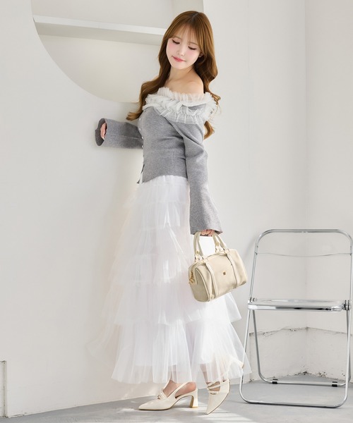 one after another NICE CLAUP（ワンアフターアナザーナイスクラップ）の「【今すぐお届け可能！】チュールフリルオフショルニット（ニット/セーター・レディース・アイボリー/ピンク/ネイビー/杢グレー・FREE）」の13枚目の写真