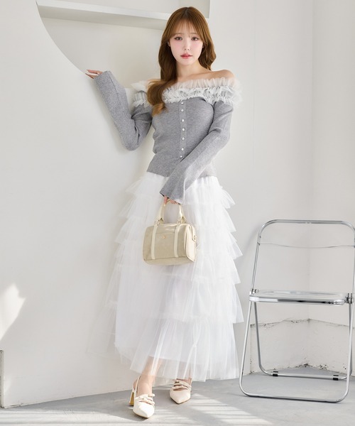 one after another NICE CLAUP（ワンアフターアナザーナイスクラップ）の「【今すぐお届け可能！】チュールフリルオフショルニット（ニット/セーター・レディース・アイボリー/ピンク/ネイビー/杢グレー・FREE）」の12枚目の写真