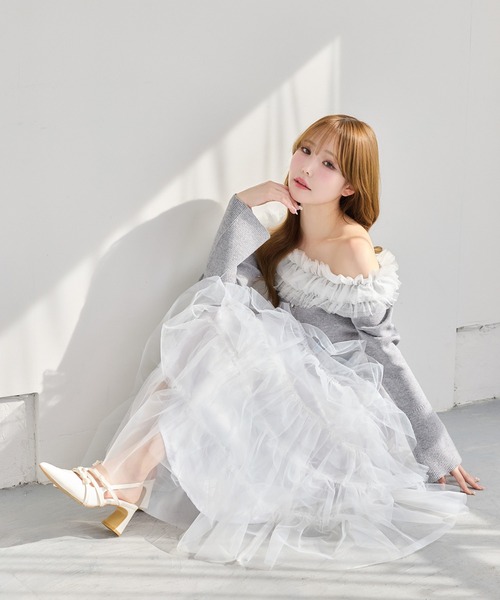 one after another NICE CLAUP（ワンアフターアナザーナイスクラップ）の「【今すぐお届け可能！】チュールフリルオフショルニット（ニット/セーター・レディース・アイボリー/ピンク/ネイビー/杢グレー・FREE）」の17枚目の写真