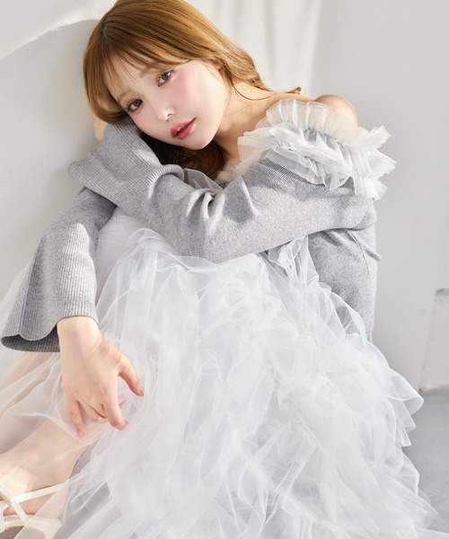 one after another NICE CLAUP（ワンアフターアナザーナイスクラップ）の「【今すぐお届け可能！】チュールフリルオフショルニット（ニット/セーター・レディース・アイボリー/ピンク/ネイビー/杢グレー・FREE）」の18枚目の写真