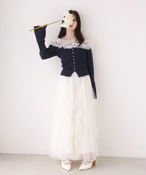 one after another NICE CLAUP（ワンアフターアナザーナイスクラップ）の「【今すぐお届け可能！】チュールフリルオフショルニット（ニット/セーター・レディース・アイボリー/ピンク/ネイビー/杢グレー・FREE）」の7枚目の写真