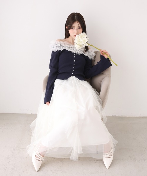 one after another NICE CLAUP（ワンアフターアナザーナイスクラップ）の「【今すぐお届け可能！】チュールフリルオフショルニット（ニット/セーター・レディース・アイボリー/ピンク/ネイビー/杢グレー・FREE）」の8枚目の写真