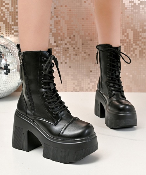 Lace Ladies(レースレディース)の「レザー調 レースアップ 厚底 ヒール ショート ブーツ(ブーツ・レディース・ブラック・23cm/23.5cm/24cm/24.5cm/25cm/22.5cm)」の3枚目の写真