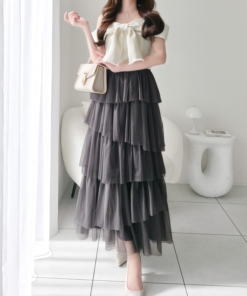 mily bilet（ミウィビレット）の「【mily bilet】一枚に大人可愛いを凝縮。リボンデザイントップス×チュールスカートドッキングキャミワンピース (ロング丈)（ワンピース・レディース・ピンク/アイボリー/チャコールグレー・LARGE/MEDIUM/SMALL/X-LARGE）」の5枚目の写真