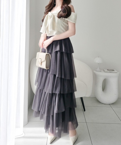 mily bilet（ミウィビレット）の「【mily bilet】一枚に大人可愛いを凝縮。リボンデザイントップス×チュールスカートドッキングキャミワンピース (ロング丈)（ワンピース・レディース・ピンク/アイボリー/チャコールグレー・LARGE/MEDIUM/SMALL/X-LARGE）」の12枚目の写真