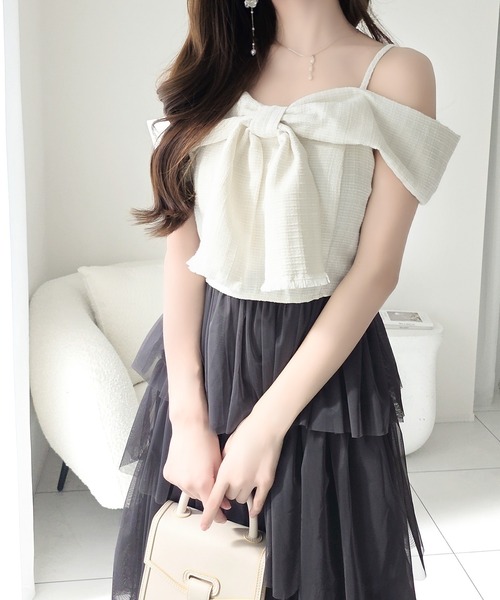 mily bilet（ミウィビレット）の「【mily bilet】一枚に大人可愛いを凝縮。リボンデザイントップス×チュールスカートドッキングキャミワンピース (ロング丈)（ワンピース・レディース・ピンク/アイボリー/チャコールグレー・LARGE/MEDIUM/SMALL/X-LARGE）」の11枚目の写真