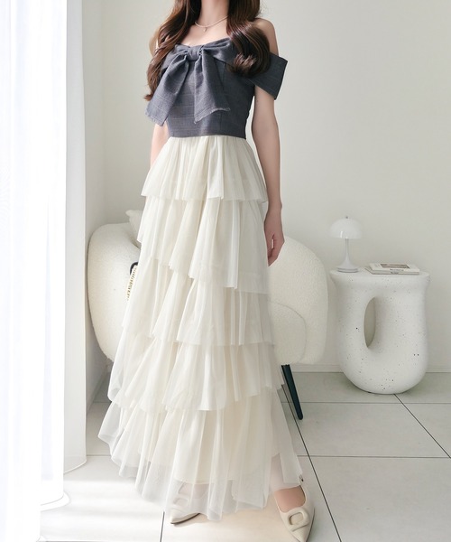 mily bilet（ミウィビレット）の「【mily bilet】一枚に大人可愛いを凝縮。リボンデザイントップス×チュールスカートドッキングキャミワンピース (ロング丈)（ワンピース・レディース・ピンク/アイボリー/チャコールグレー・LARGE/MEDIUM/SMALL/X-LARGE）」の16枚目の写真