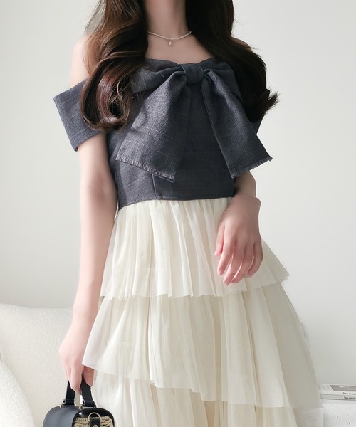 mily bilet（ミウィビレット）の「【mily bilet】一枚に大人可愛いを凝縮。リボンデザイントップス×チュールスカートドッキングキャミワンピース (ロング丈)（ワンピース・レディース・ピンク/アイボリー/チャコールグレー・LARGE/MEDIUM/SMALL/X-LARGE）」の22枚目の写真