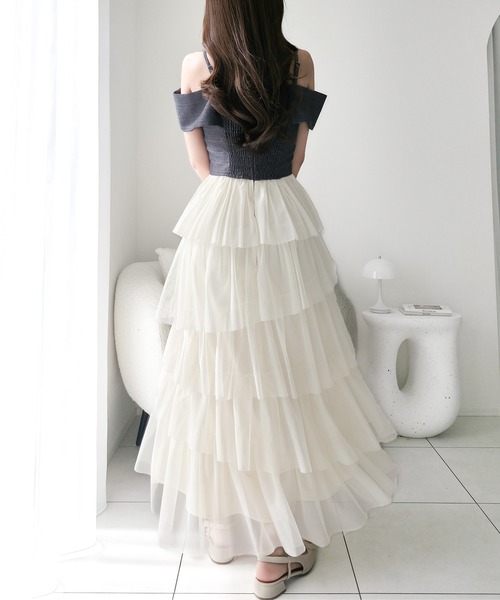mily bilet（ミウィビレット）の「【mily bilet】一枚に大人可愛いを凝縮。リボンデザイントップス×チュールスカートドッキングキャミワンピース (ロング丈)（ワンピース・レディース・ピンク/アイボリー/チャコールグレー・LARGE/MEDIUM/SMALL/X-LARGE）」の19枚目の写真