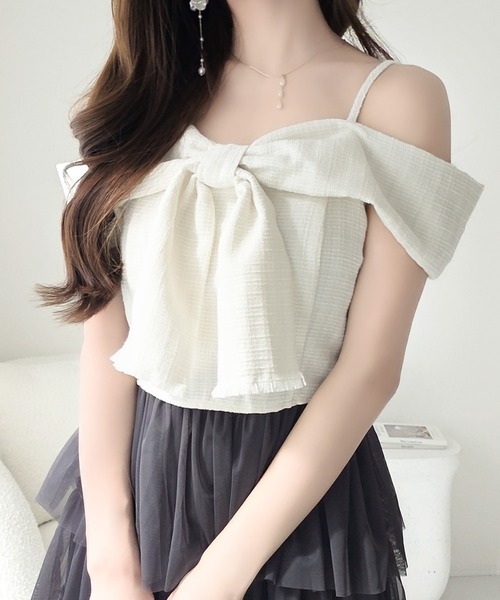 mily bilet（ミウィビレット）の「【mily bilet】一枚に大人可愛いを凝縮。リボンデザイントップス×チュールスカートドッキングキャミワンピース (ロング丈)（ワンピース・レディース・ピンク/アイボリー/チャコールグレー・LARGE/MEDIUM/SMALL/X-LARGE）」の4枚目の写真