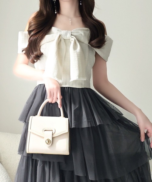mily bilet（ミウィビレット）の「【mily bilet】一枚に大人可愛いを凝縮。リボンデザイントップス×チュールスカートドッキングキャミワンピース (ロング丈)（ワンピース・レディース・ピンク/アイボリー/チャコールグレー・LARGE/MEDIUM/SMALL/X-LARGE）」の7枚目の写真