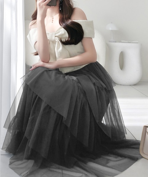 mily bilet（ミウィビレット）の「【mily bilet】一枚に大人可愛いを凝縮。リボンデザイントップス×チュールスカートドッキングキャミワンピース (ロング丈)（ワンピース・レディース・ピンク/アイボリー/チャコールグレー・LARGE/MEDIUM/SMALL/X-LARGE）」の6枚目の写真