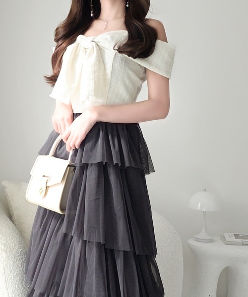 mily bilet（ミウィビレット）の「【mily bilet】一枚に大人可愛いを凝縮。リボンデザイントップス×チュールスカートドッキングキャミワンピース (ロング丈)（ワンピース・レディース・ピンク/アイボリー/チャコールグレー・LARGE/MEDIUM/SMALL/X-LARGE）」の8枚目の写真
