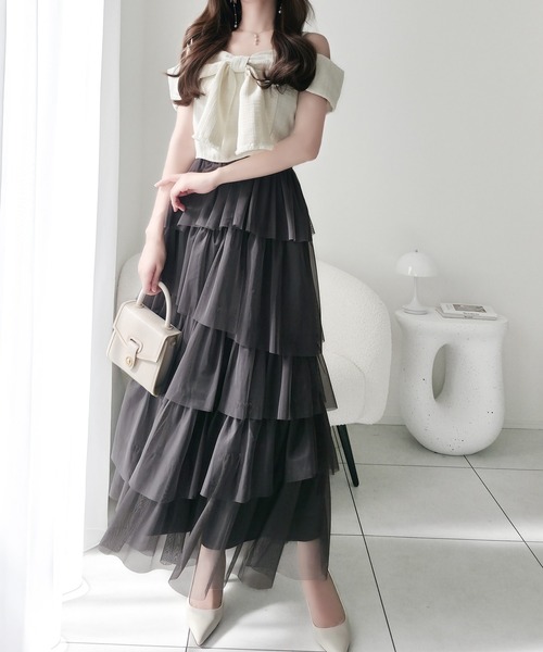 mily bilet（ミウィビレット）の「【mily bilet】一枚に大人可愛いを凝縮。リボンデザイントップス×チュールスカートドッキングキャミワンピース (ロング丈)（ワンピース・レディース・ピンク/アイボリー/チャコールグレー・LARGE/MEDIUM/SMALL/X-LARGE）」の10枚目の写真