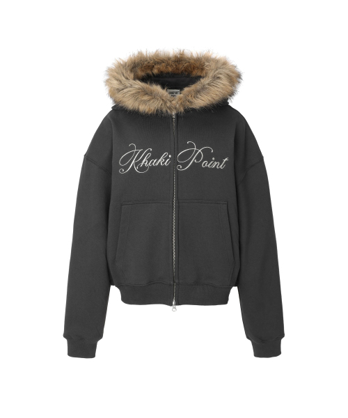 Lettering Fur Hood Zip-up (charcoal)（パーカー）｜KHAKIPOINT 