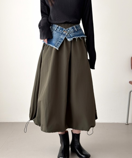 ABITOKYO(アビトーキョー)の「裾ドロストレイヤードデニムベルトスカート(スカート・レディース・カーキ/ブラック/ベージュ・FREE)」の3枚目の写真