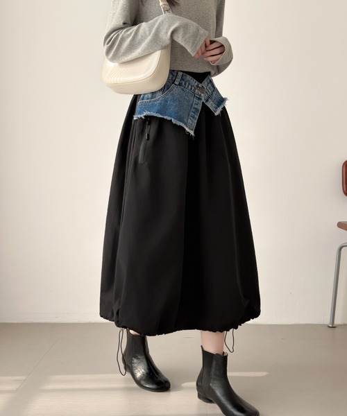 ABITOKYO(アビトーキョー)の「裾ドロストレイヤードデニムベルトスカート(スカート・レディース・カーキ/ブラック/ベージュ・FREE)」の2枚目の写真