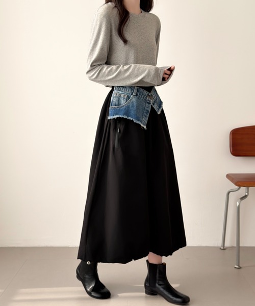 ABITOKYO(アビトーキョー)の「裾ドロストレイヤードデニムベルトスカート(スカート・レディース・カーキ/ブラック/ベージュ・FREE)」の4枚目の写真