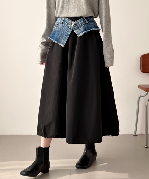 ABITOKYO(アビトーキョー)の「裾ドロストレイヤードデニムベルトスカート(スカート・レディース・カーキ/ブラック/ベージュ・FREE)」の5枚目の写真
