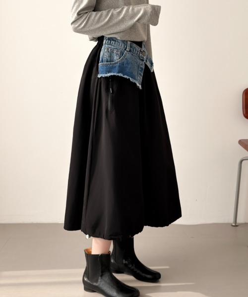 ABITOKYO(アビトーキョー)の「裾ドロストレイヤードデニムベルトスカート(スカート・レディース・カーキ/ブラック/ベージュ・FREE)」の7枚目の写真